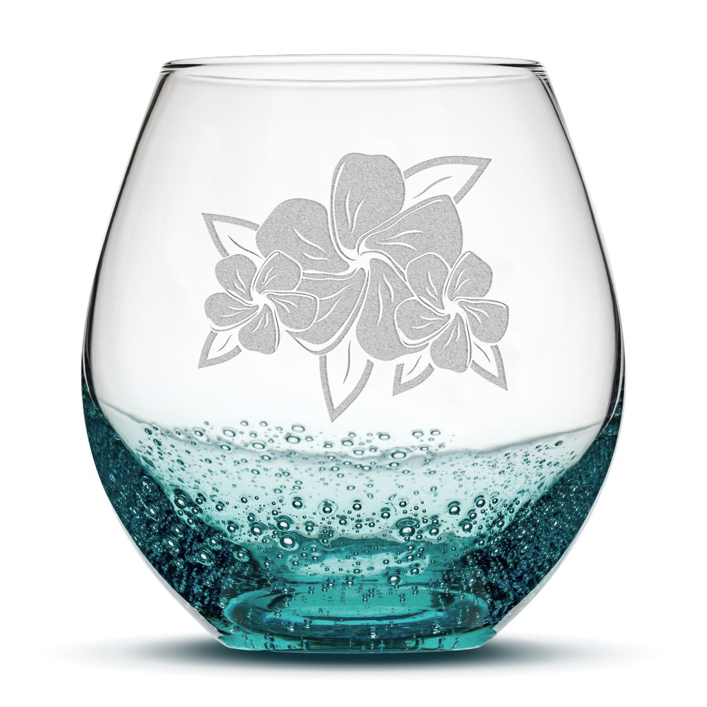 Bubble Wine Glass, 3 Plumerias with Leaves, Laser Etched or Hand Etched, 18oz