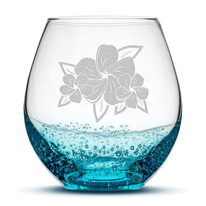Bubble Wine Glass, 3 Plumerias with Leaves, Hand Etched, 18oz