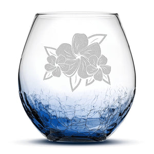 Crackle Wine Glass, 3 Plumerias with Leaves, Laser Etched or Hand Etched, 18oz