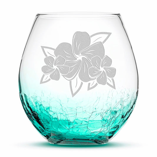 Crackle Wine Glass, 3 Plumerias with Leaves, Laser Etched or Hand Etched, 18oz
