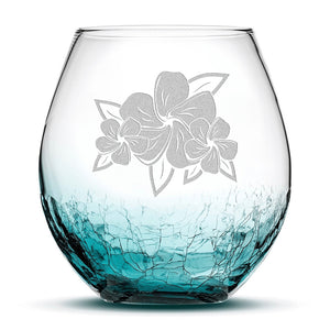 Crackle Wine Glass, 3 Plumerias with Leaves, Laser Etched or Hand Etched, 18oz