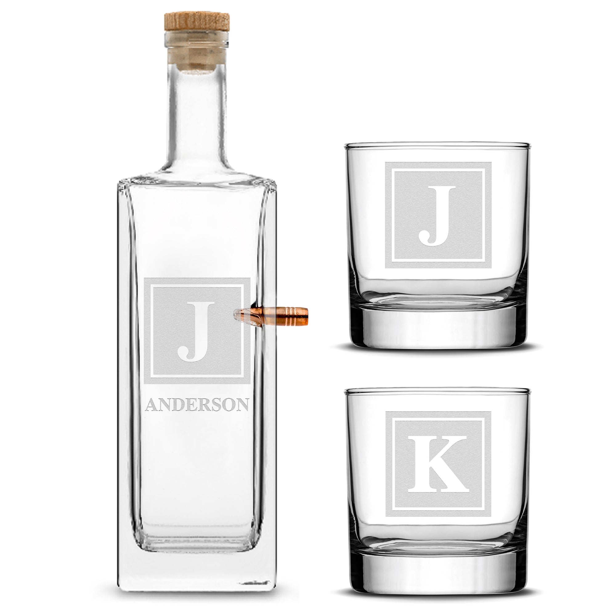 Customizable Monogram .50 Cal Liberty Bullet Bottle with Set of 2 Custom Whiskey Glasses