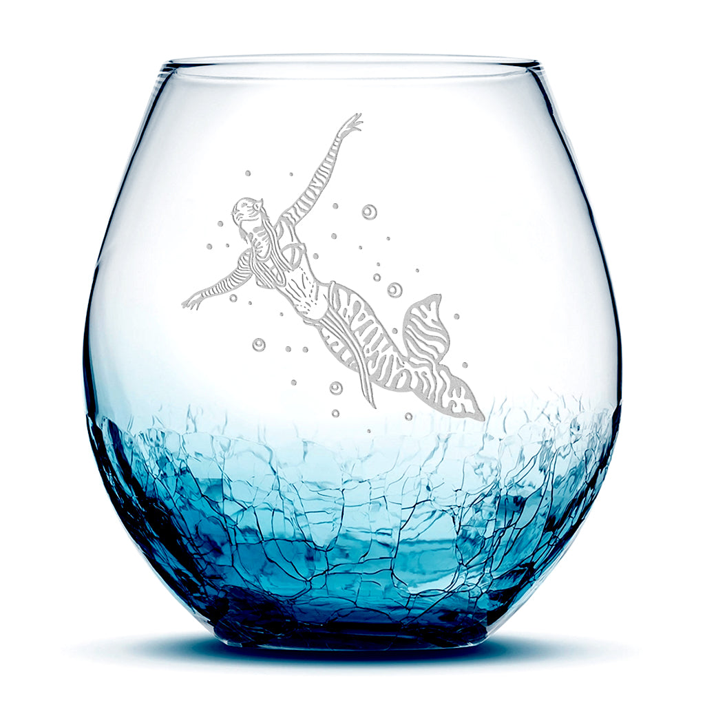 Crackle Wine Glass, Avatar Mermaid, Laser Etched or Hand Etched, 18oz
