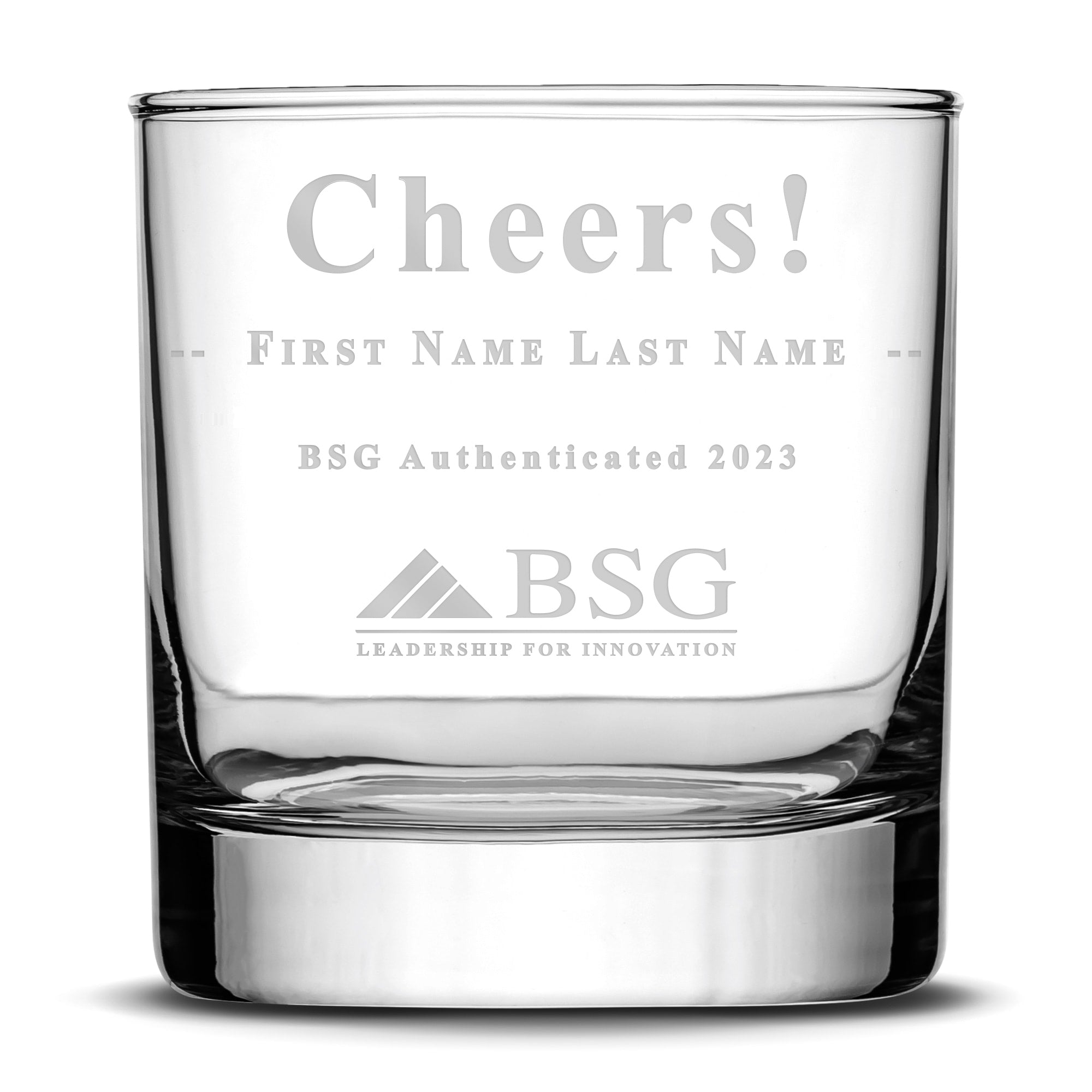 Custom BSG Cheers Whiskey Rocks Glass, Boston Search Group, Laser Etched or Hand Etched