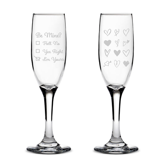 Premium Stemmed Champaign Flute, Be Mine Valentines Day, Set of 2, Laser Etched or Hand Etched