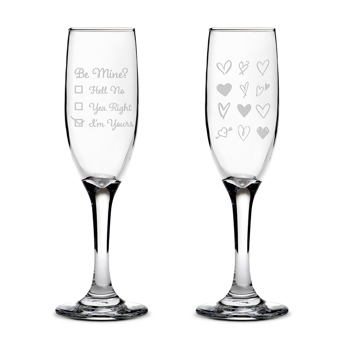 Premium Stemmed Champaign Flute, Be Mine Valentines Day, Set of 2, Laser Etched or Hand Etched