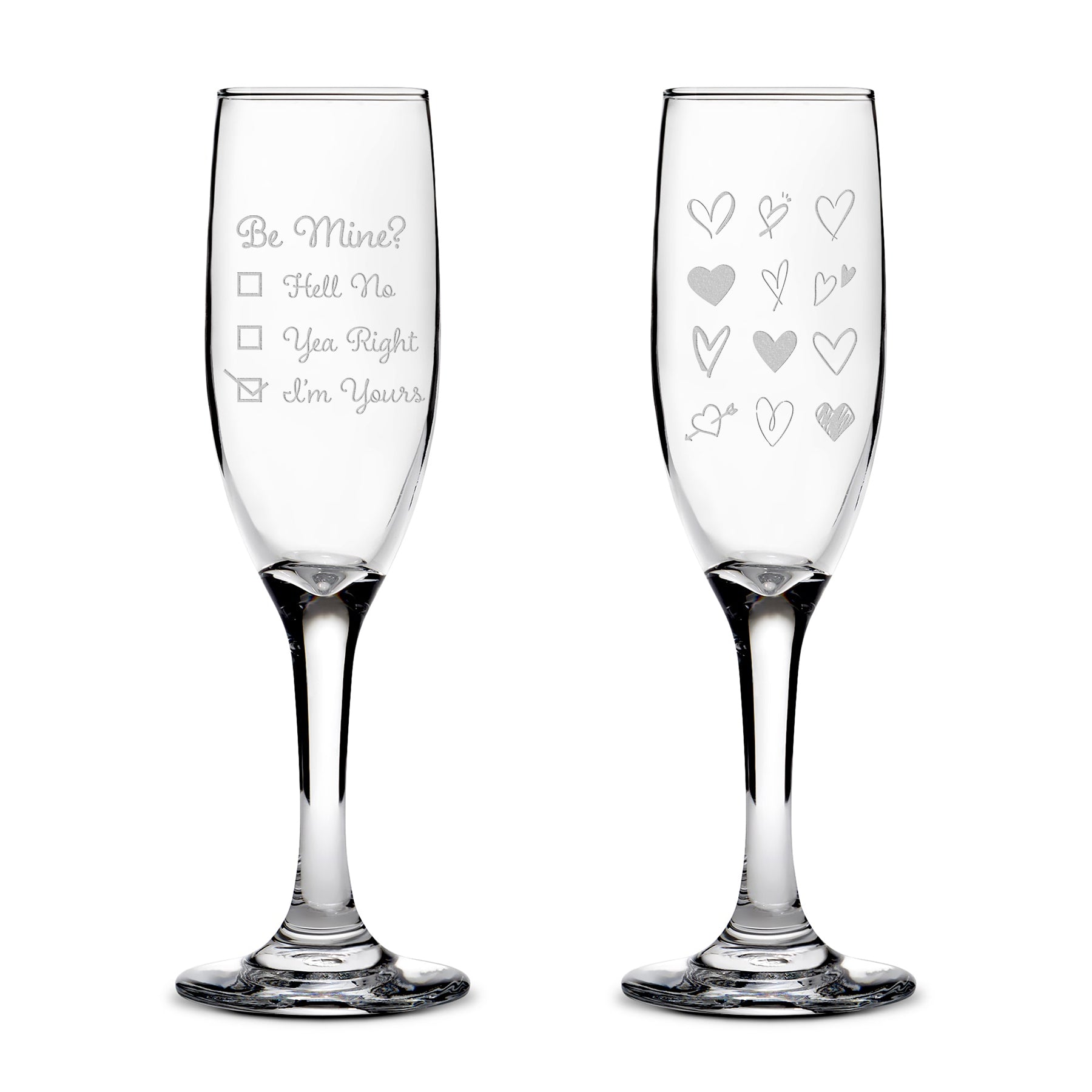 Premium Stemmed Champaign Flute, Be Mine Valentines Day, Set of 2, Laser Etched or Hand Etched