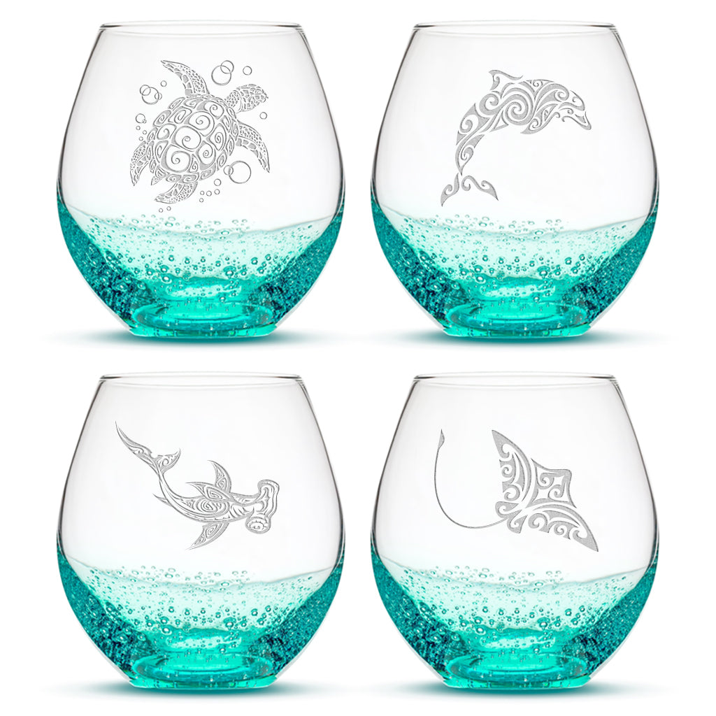 Bubble Wine Glasses with Tribal Sea Animals, Set of 4, One of Each