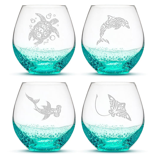 Bubble Wine Glasses with Tribal Sea Animals, Set of 4, One of Each