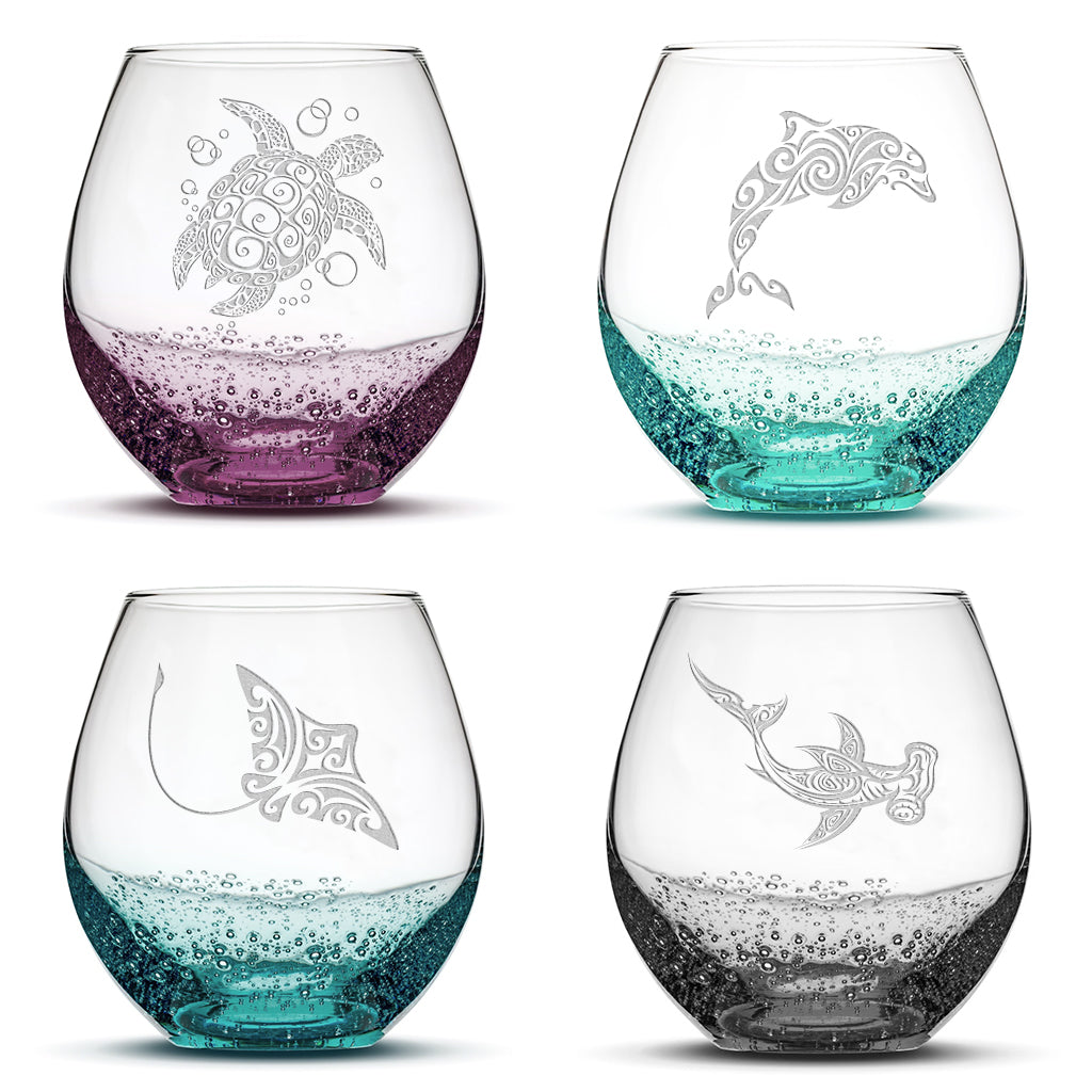 Crackle Wine Glass, Stingray Design, Hand Etched, 18oz - Integrity