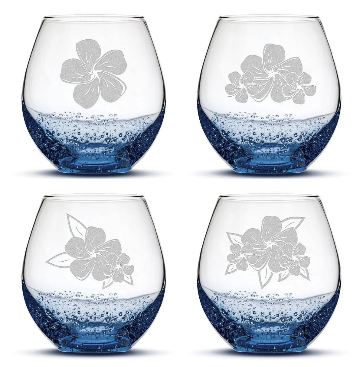 Bubble Stemless Wine Glasses, Plumeria, Set of 4, Laser Etched or Hand Etched