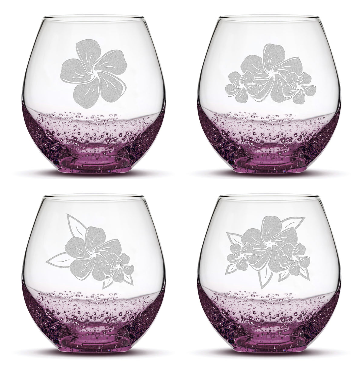 Bubble Stemless Wine Glasses, Plumeria, Set of 4, Laser Etched or Hand Etched