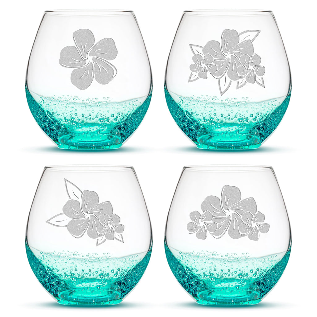 Bubble Stemless Wine Glasses, Plumeria, Set of 4, Laser Etched or Hand Etched