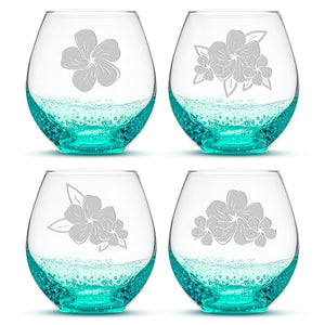 Bubble Stemless Wine Glasses, Plumeria, Set of 4, Laser Etched or Hand Etched