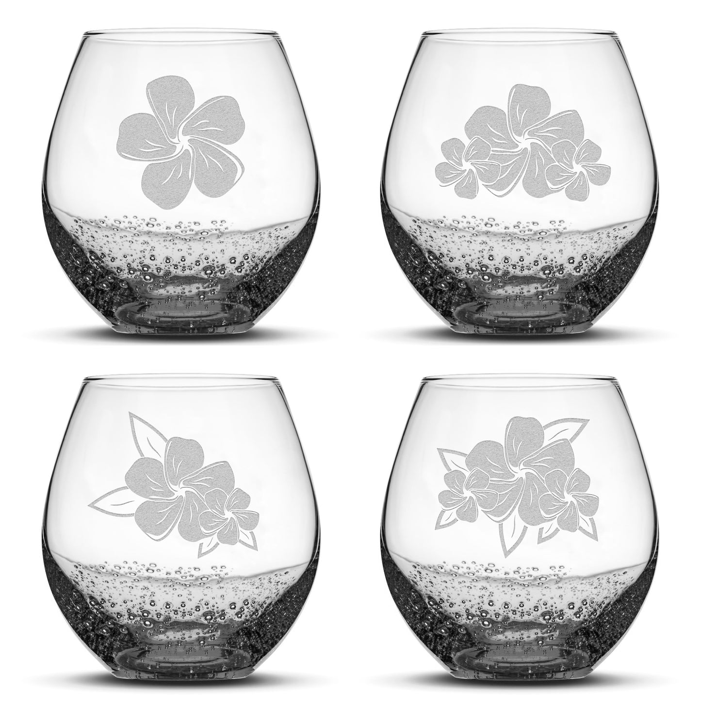 Bubble Stemless Wine Glasses, Plumeria, Set of 4, Laser Etched or Hand Etched