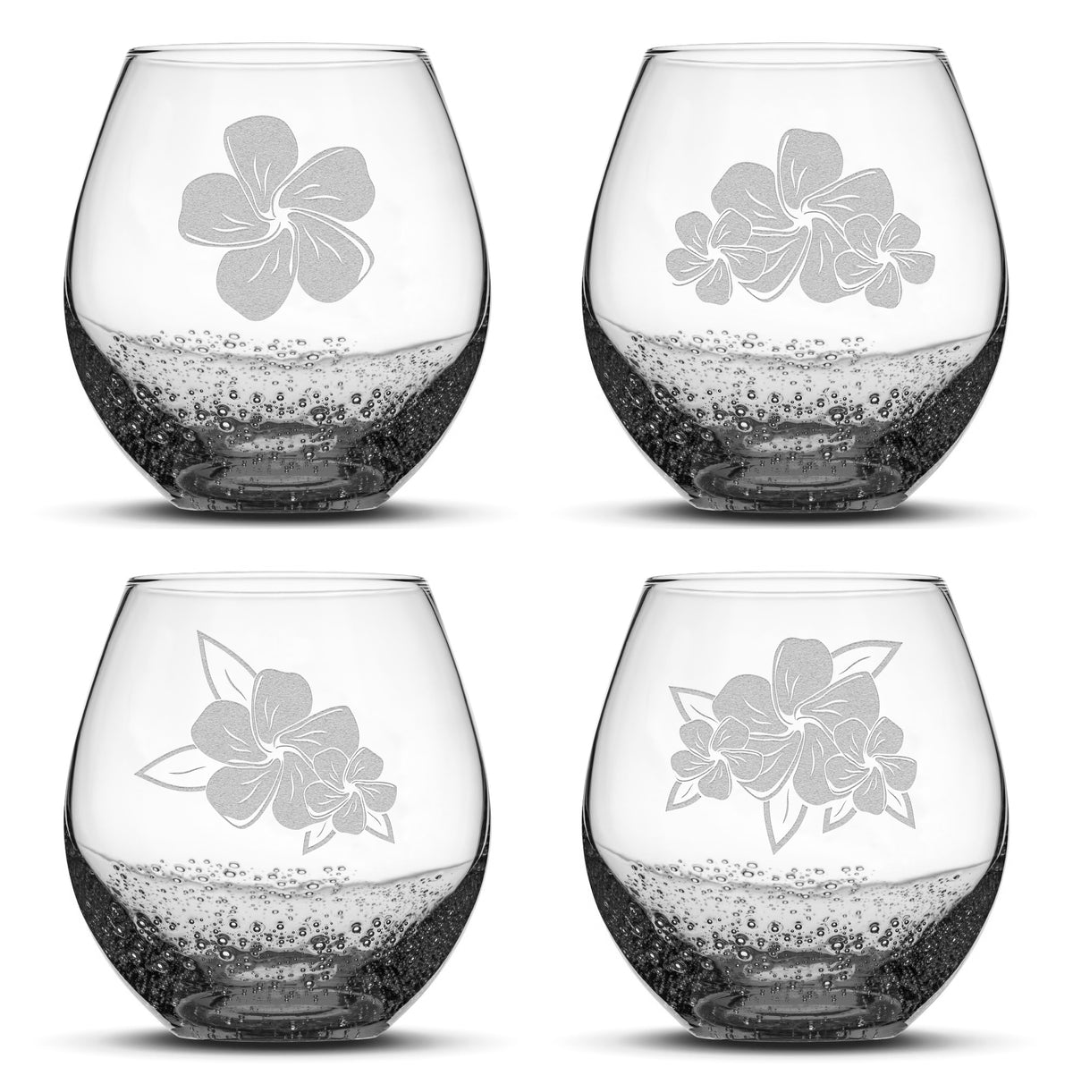Bubble Stemless Wine Glasses, Plumeria, Set of 4, Laser Etched or Hand Etched
