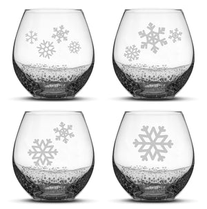 Bubble Wine Glasses with Snowflakes, Set of 4, Laser Etched or Hand Etched