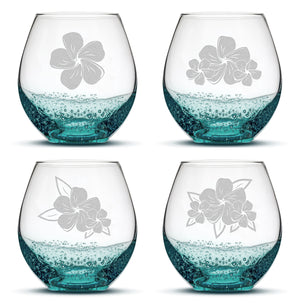 Bubble Stemless Wine Glasses, Plumeria, Set of 4, Laser Etched or Hand Etched