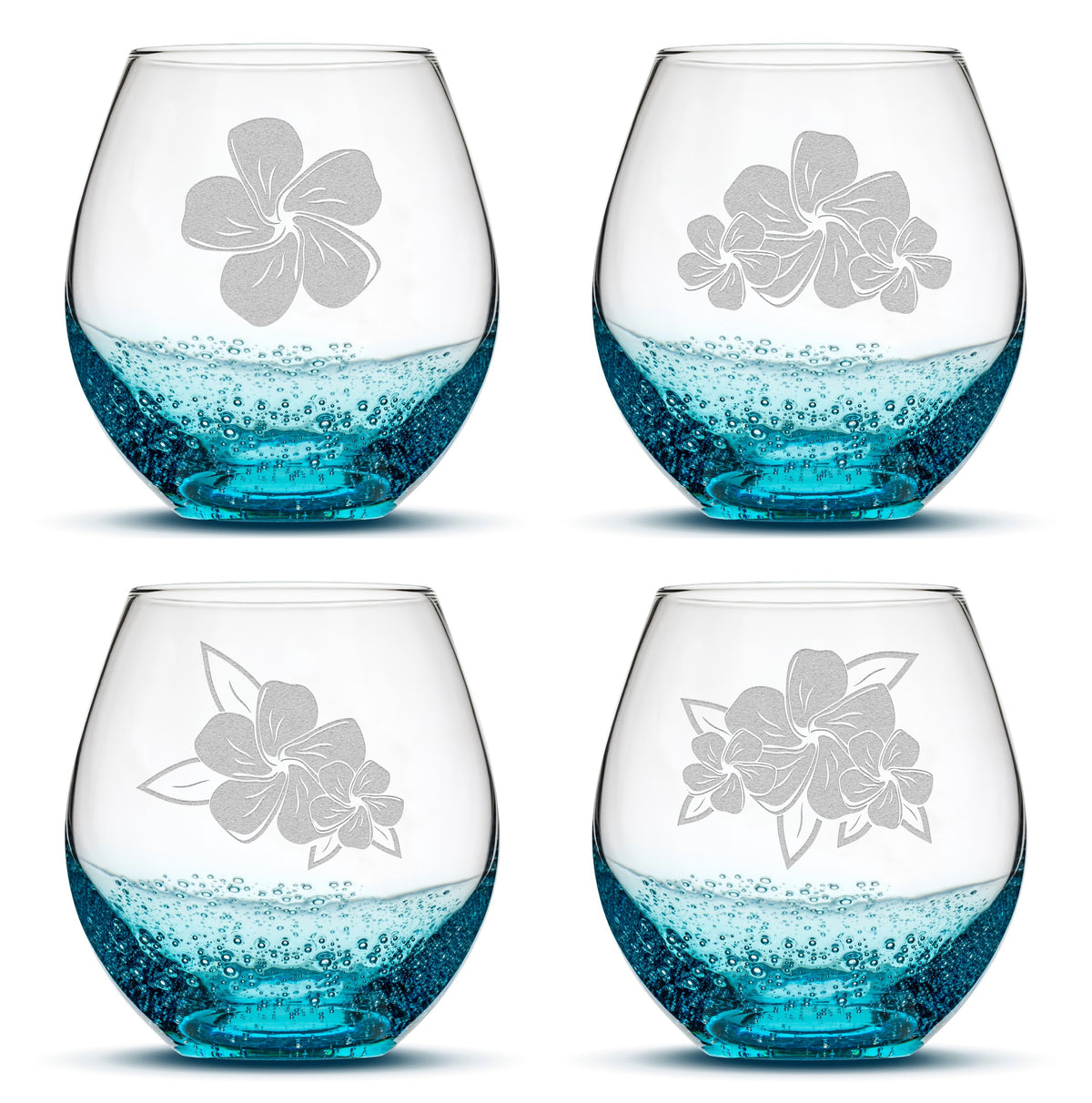 Bubble Stemless Wine Glasses, Plumeria, Set of 4, Laser Etched or Hand Etched
