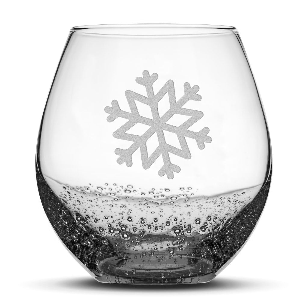 Bubble Wine Glass, Single Snowflake, Laser Etched or Hand Etched, 18oz