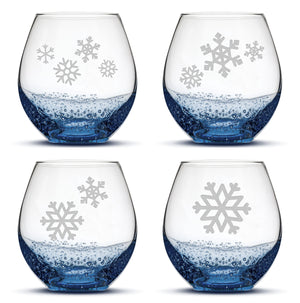 Bubble Wine Glasses with Snowflakes, Set of 4, Hand Etched