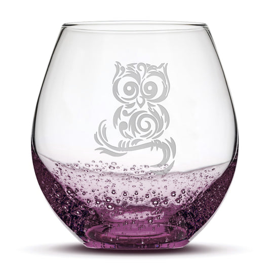 Bubble Wine Glass, Tribal Owl Design, Laser Etched or Hand Etched, 18oz