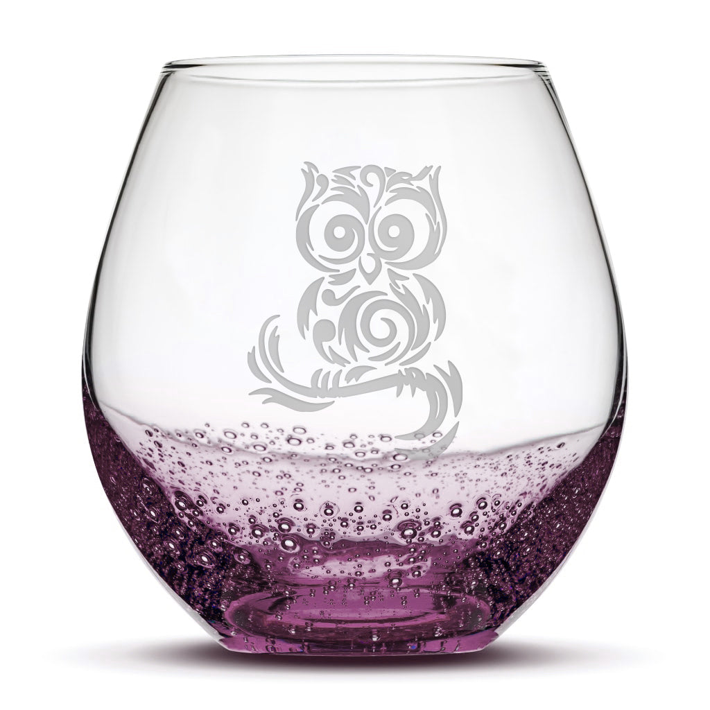 Bubble Wine Glass, Tribal Owl Design, Laser Etched or Hand Etched, 18oz