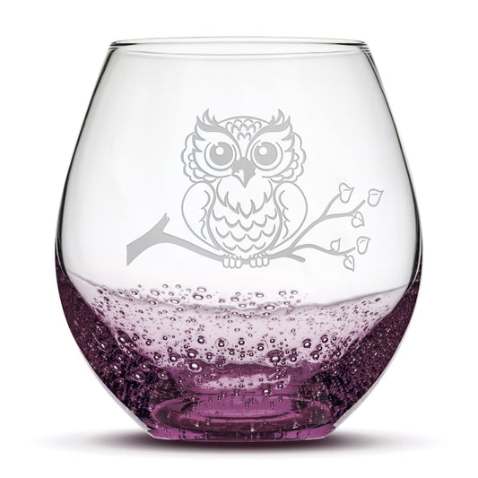 Bubble Wine Glass, Resting Owl Design, Laser Etched or Hand Etched, 18oz