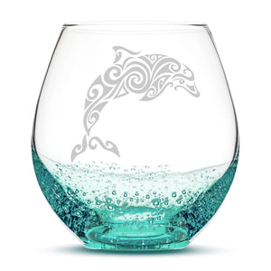 Less Than Perfect Bubble Wine Glass with Tribal Dolphin Design, Laser Etched or Hand Etched