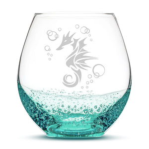 Bubble Wine Glass with Seahorse Design, Laser Etched or Hand Etched