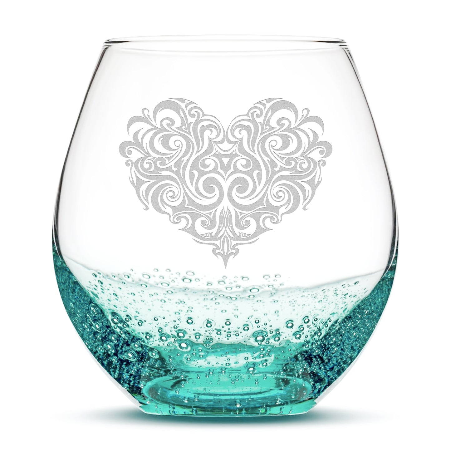Bubble Wine Glass, Tribal Heart Design, Laser Etched or Hand Etched, 18oz
