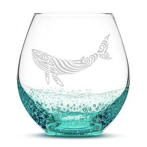 Bubble Wine Glass with Tribal Whale Design, Laser Etched or Hand Etched