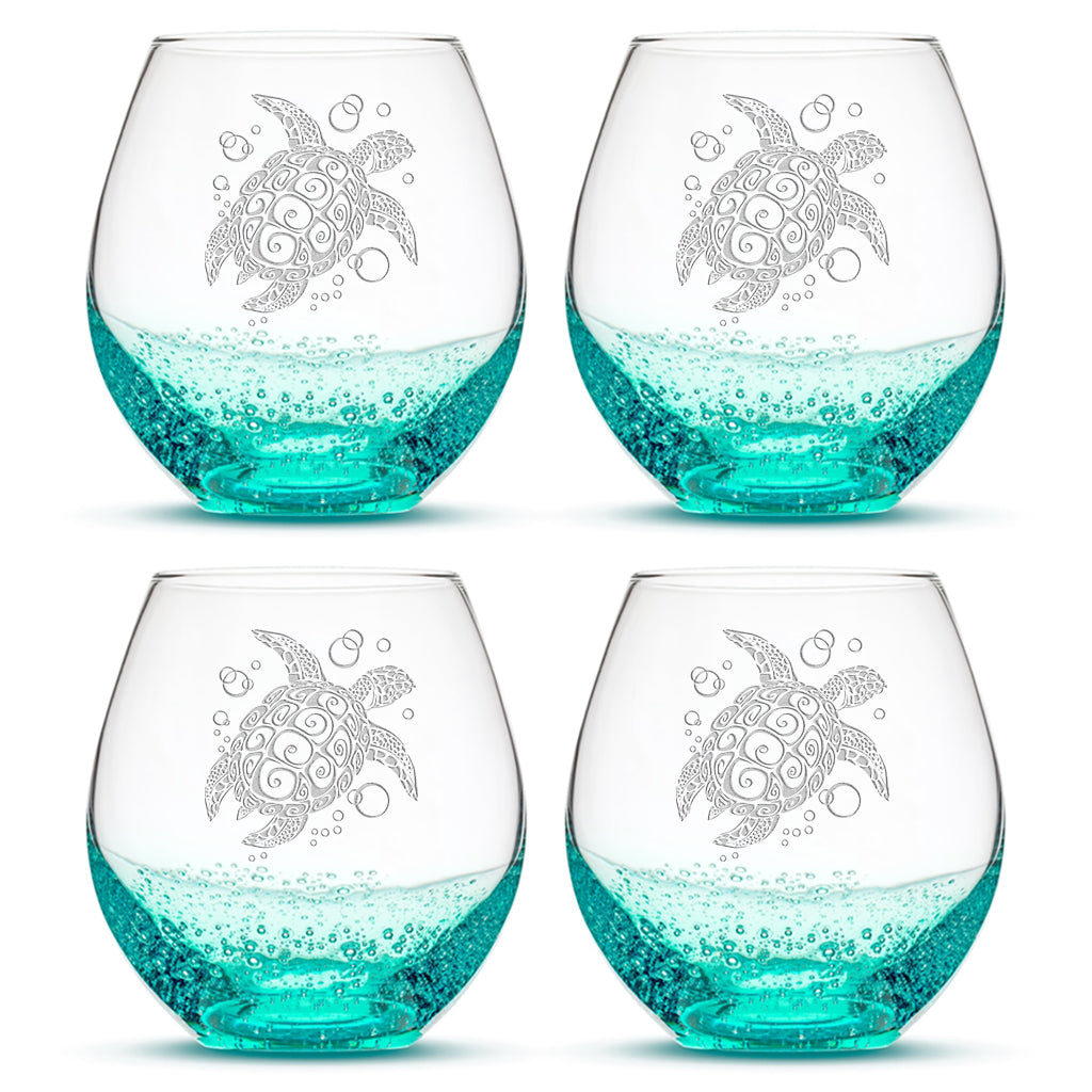 Bubble Wine Glass with Tribal Sea Turtle Design, Set of 4, Laser Etched or Hand Etched