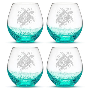 Bubble Wine Glass with Tribal Sea Turtle Design, Set of 4, Hand Etched