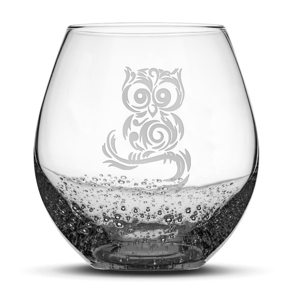 Bubble Wine Glass, Tribal Owl Design, Laser Etched or Hand Etched, 18oz