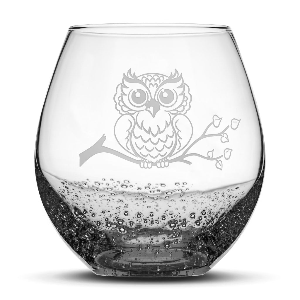 Bubble Wine Glass, Resting Owl Design, Laser Etched or Hand Etched, 18oz