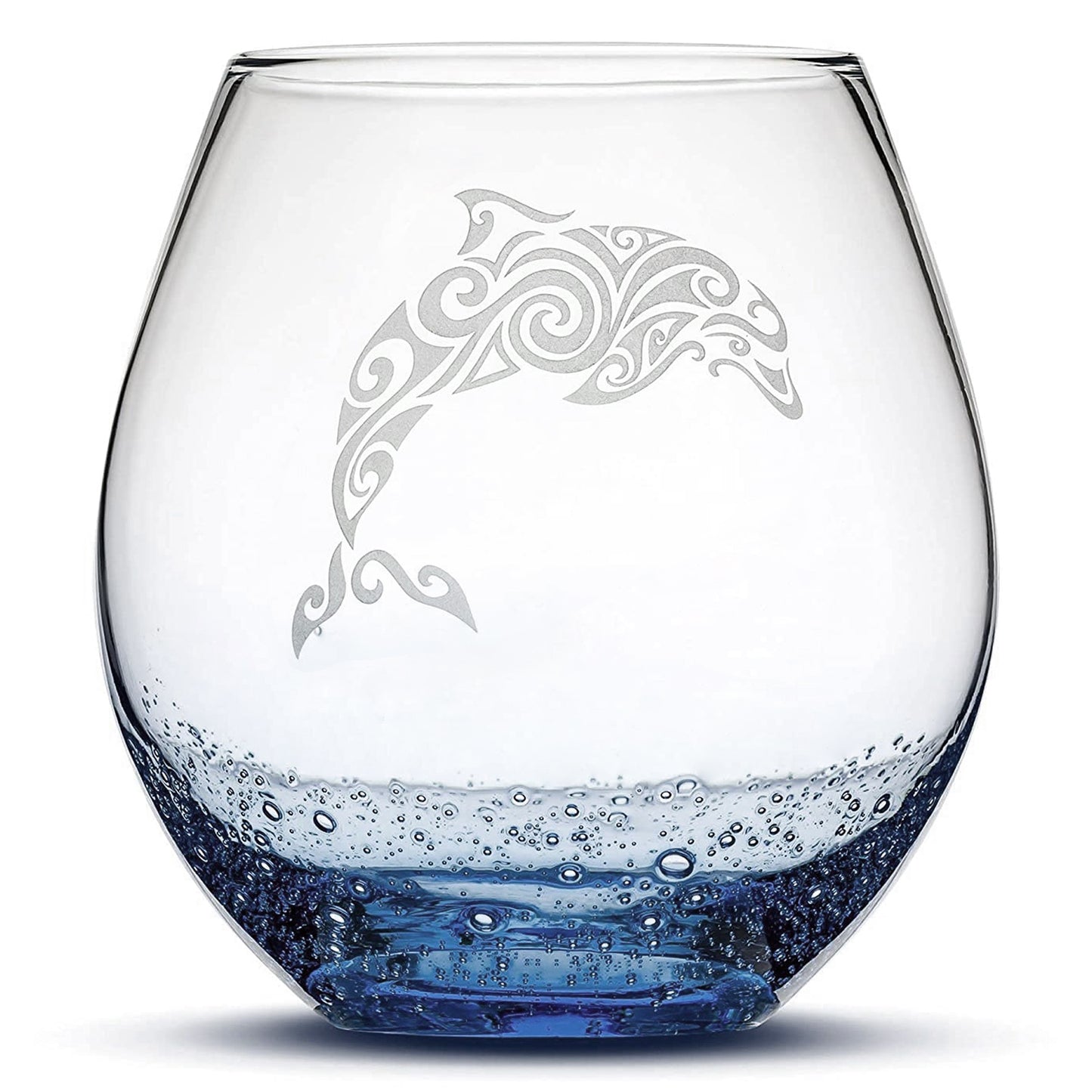 Bubble Wine Glass with Tribal Dolphin Design, Laser Etched or Hand Etched