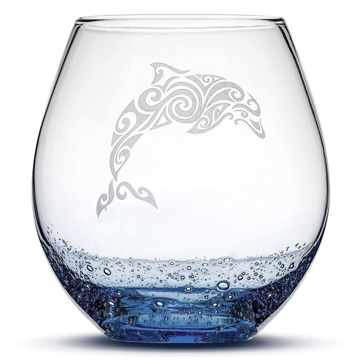 Bubble Wine Glass with Tribal Dolphin Design, Laser Etched or Hand Etched