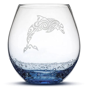 Less Than Perfect Bubble Wine Glass with Tribal Dolphin Design, Laser Etched or Hand Etched