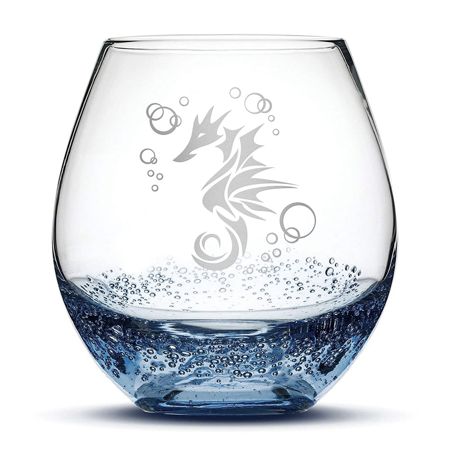 Bubble Wine Glass with Seahorse Design, Laser Etched or Hand Etched
