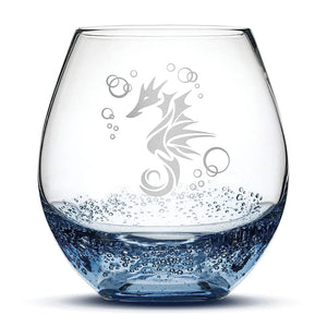 Less Than Perfect Bubble Wine Glass with Seahorse Design, Hand Etched