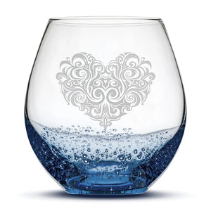 Less Than Perfect Bubble Wine Glass, Tribal Heart Design, Hand Etched, 18oz