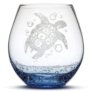 Less Than Perfect Discounted Bubble Wine Glass with Tribal Sea Turtle Design, Laser Etched or Hand Etched