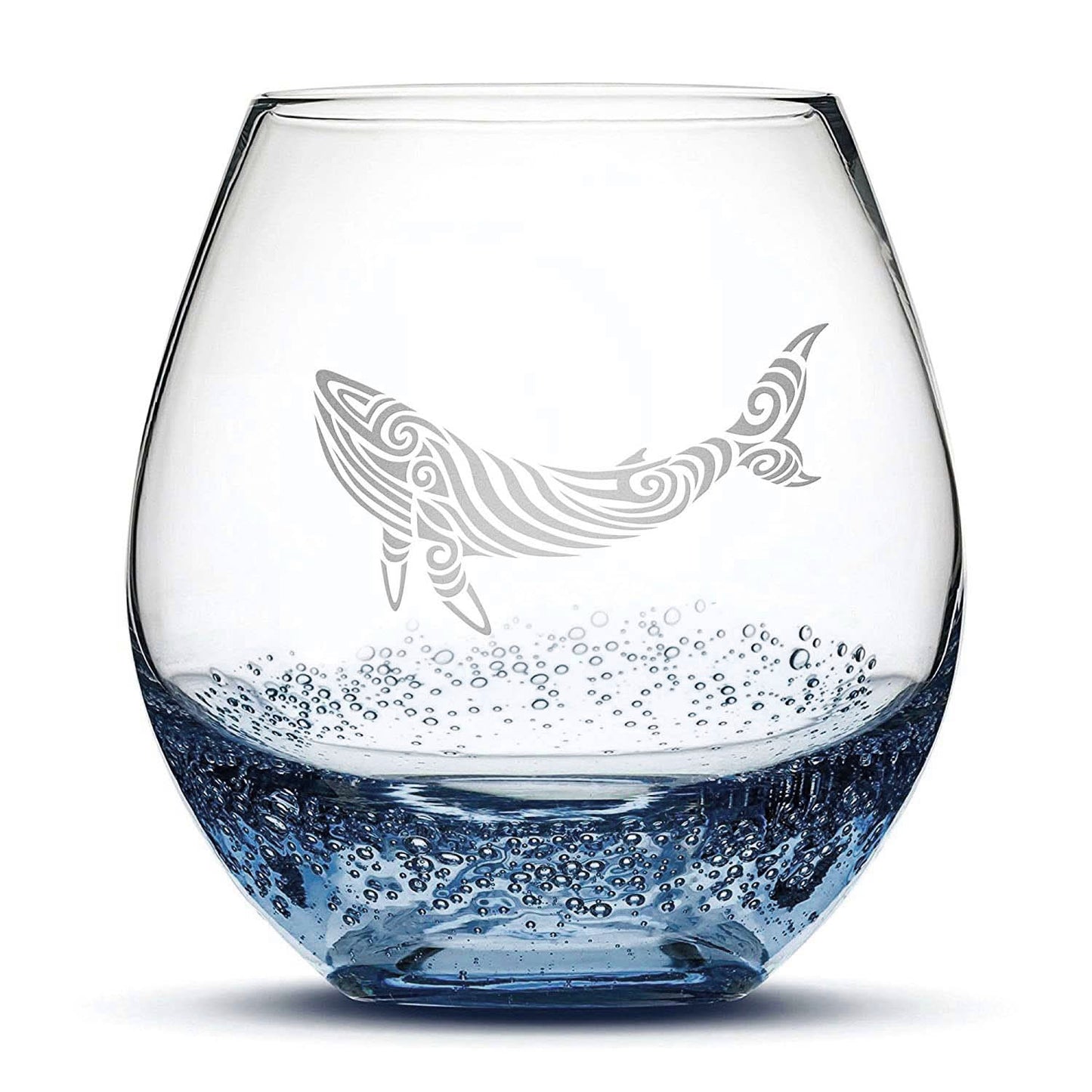 Bubble Wine Glass with Tribal Whale Design, Laser Etched or Hand Etched
