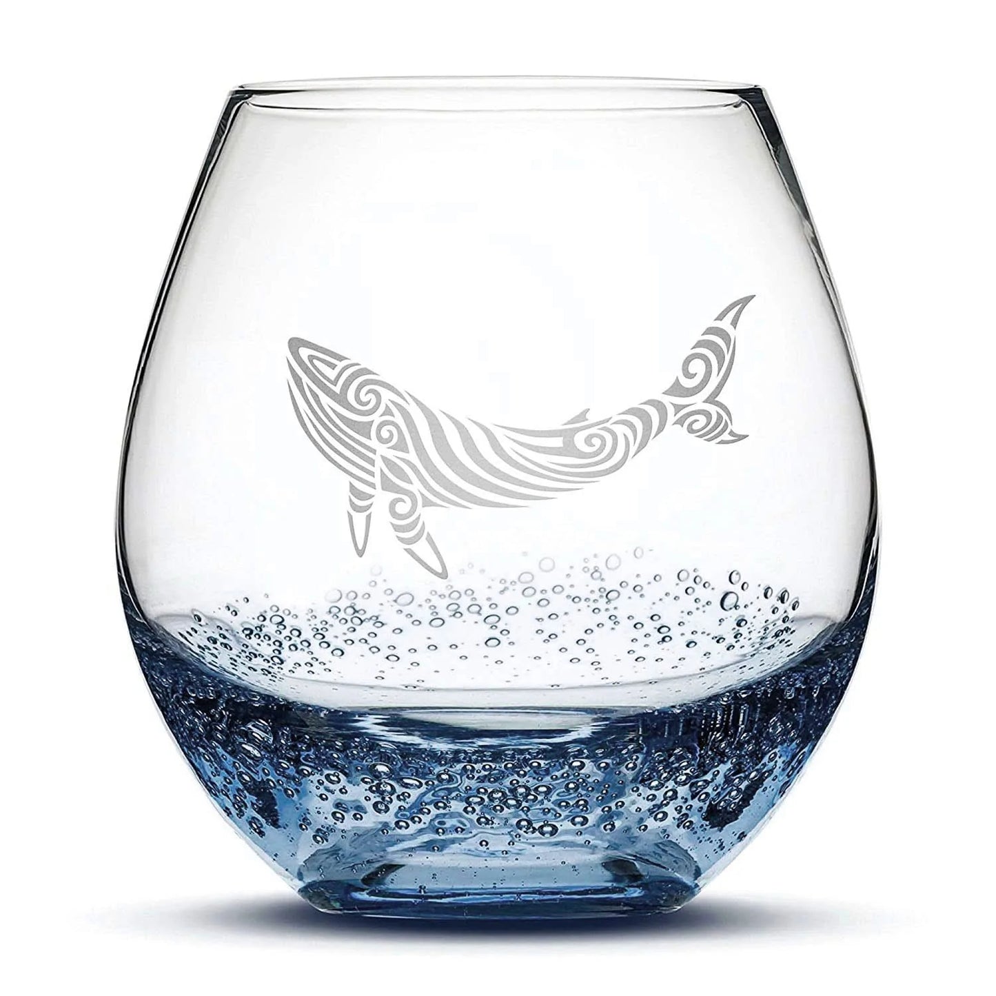 Less Than Perfect Bubble Wine Glass with Tribal Whale Design, Laser Etched or Hand Etched