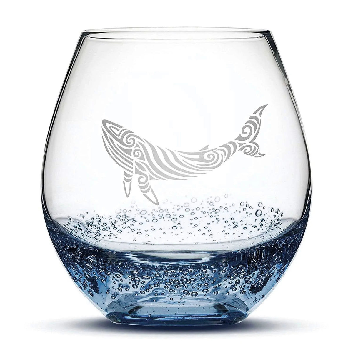 Less Than Perfect Bubble Wine Glass with Tribal Whale Design, Laser Etched or Hand Etched