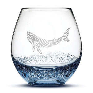 Bubble Wine Glass with Tribal Whale Design, Hand Etched