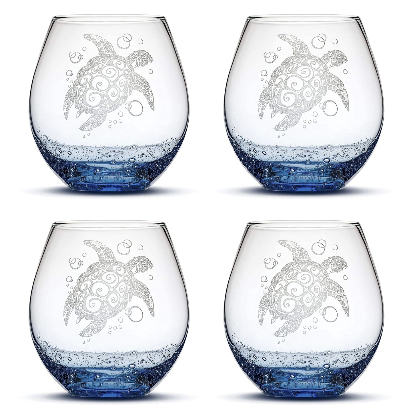 Bubble Wine Glass with Tribal Sea Turtle Design, Set of 4, Laser Etched or Hand Etched