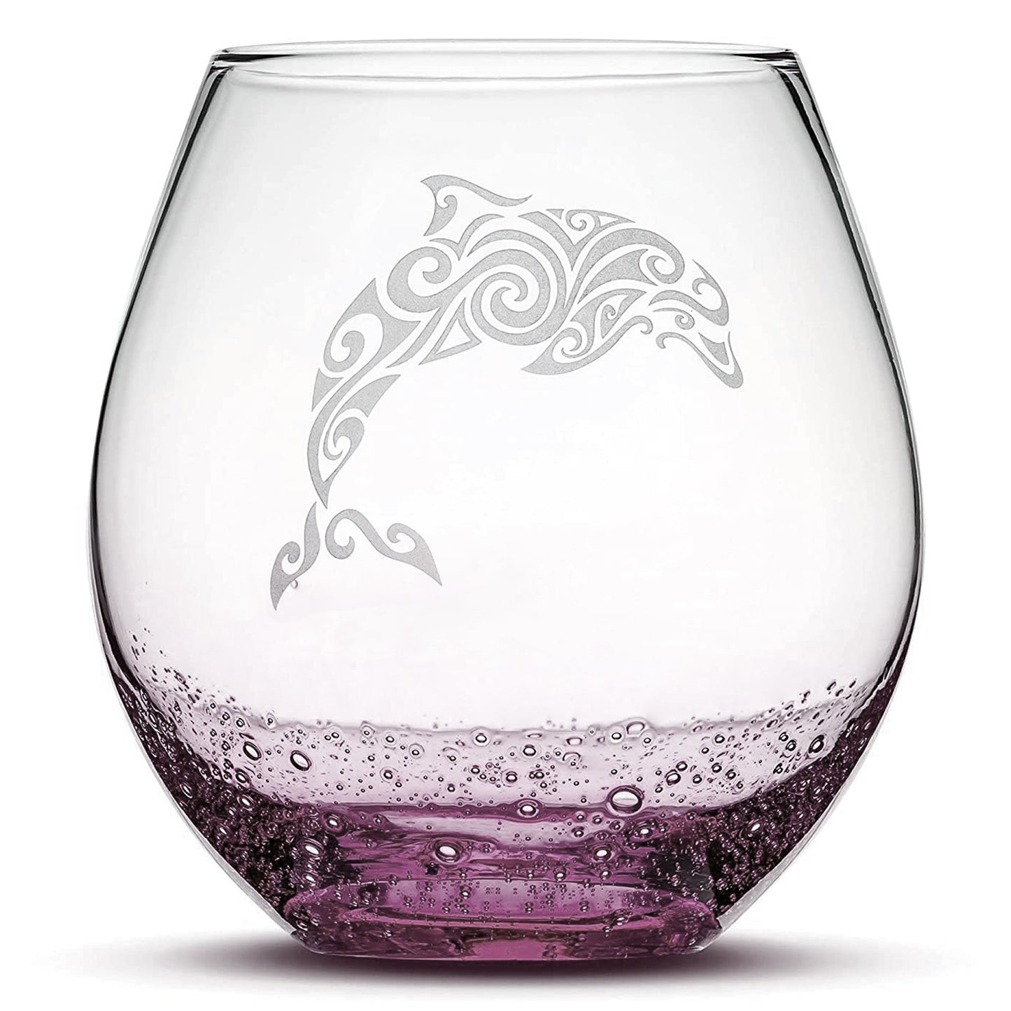 Bubble Wine Glass with Tribal Dolphin Design, Laser Etched or Hand Etched