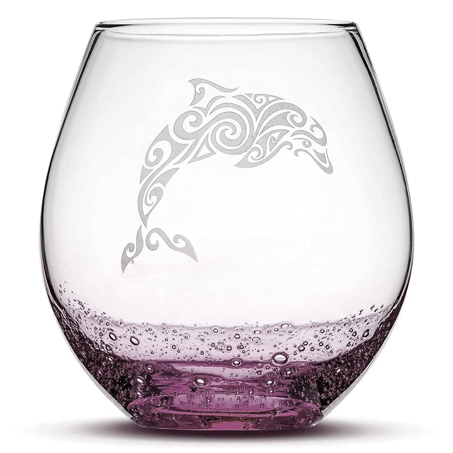Less Than Perfect Bubble Wine Glass with Tribal Dolphin Design, Laser Etched or Hand Etched